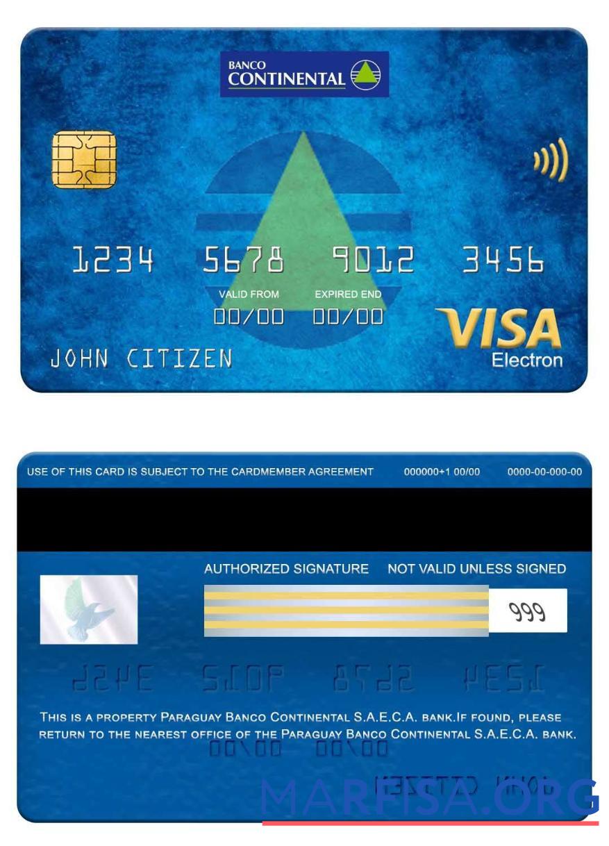 Printable Paraguay Banco Continental S.A.E.C.A. bank visa electron card download for verification